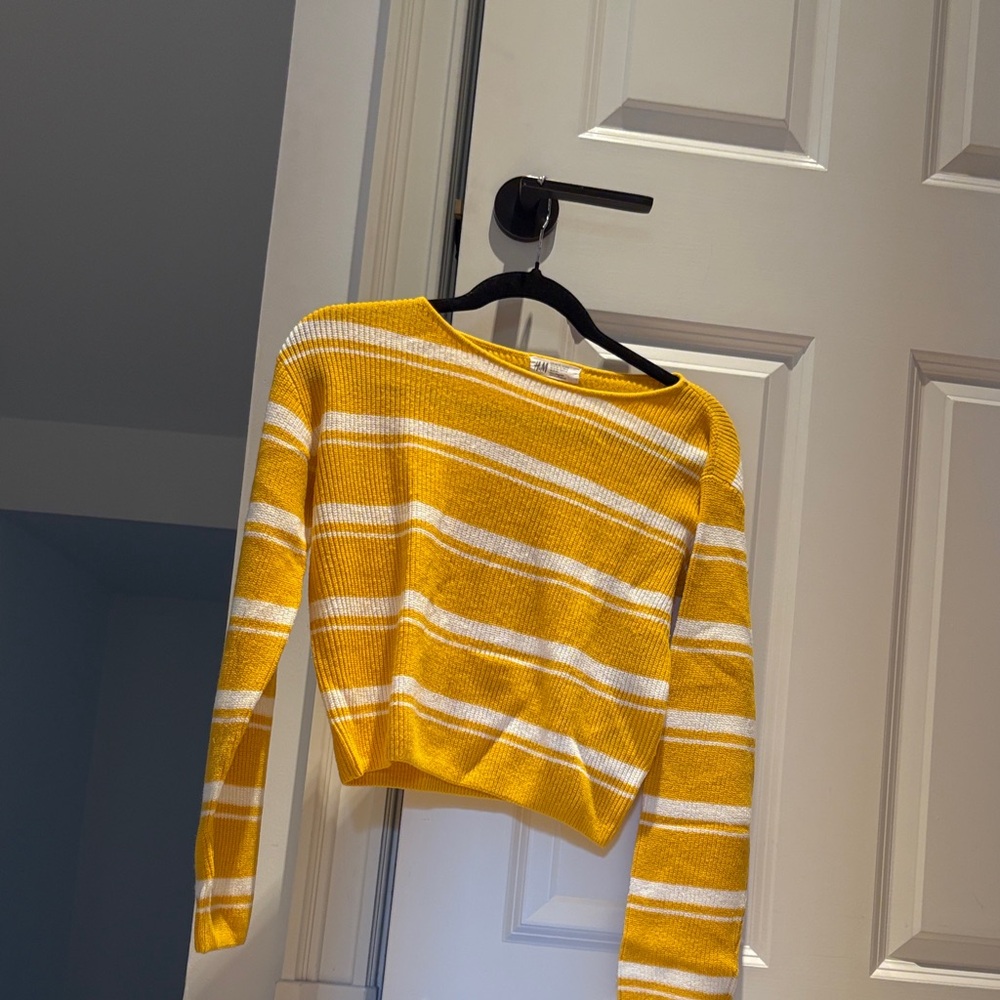 H&M Yellow and White Striped Crew Neck Sweater